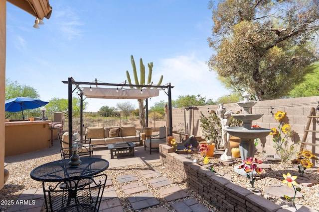 29806 N 43rd Pl, Cave Creek, AZ 85331 - view of patio / terrace with a pergola, a fenced backyard, and an outdoor hangout area