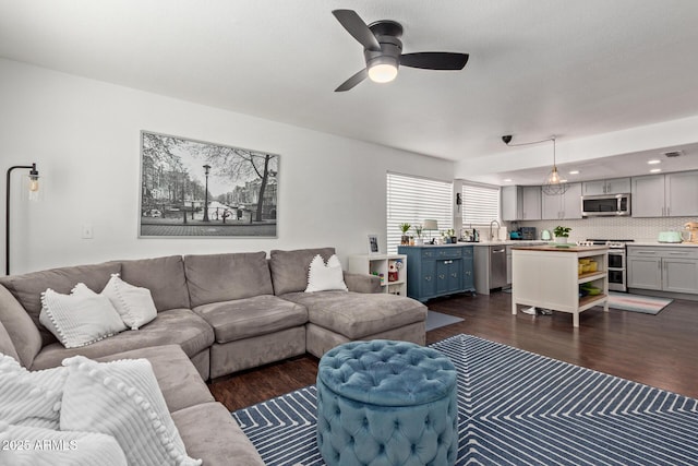 3222 E Cortez St, Phoenix, AZ 85028 - living area featuring dark wood-style floors, ceiling fan, and recessed lighting