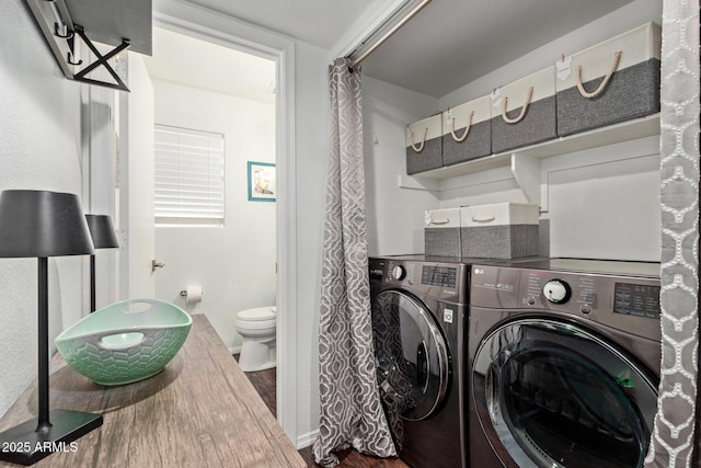 3222 E Cortez St, Phoenix, AZ 85028 - laundry room featuring washer and dryer, wood finished floors, and baseboards