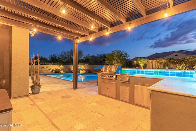 4876 N 207th Ln, Buckeye, AZ 85396 - view of pool with area for grilling, a pergola, a grill, a fenced backyard, and a patio
