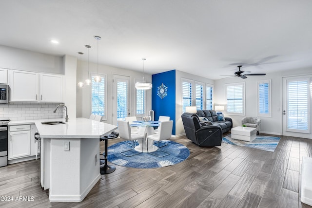 kitchen featuring dark wood-style floors, stainless steel appliances, backsplash, and a sink