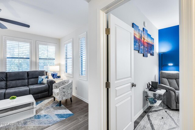 living room with ceiling fan and hardwood / wood-style flooring