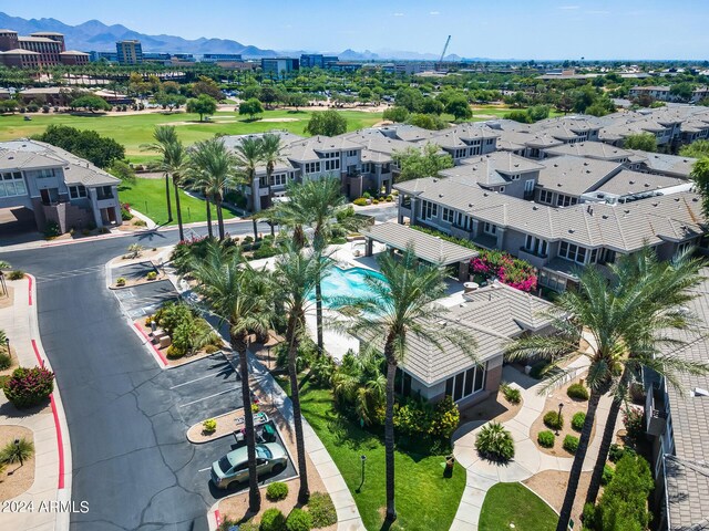 drone / aerial view featuring a mountain view