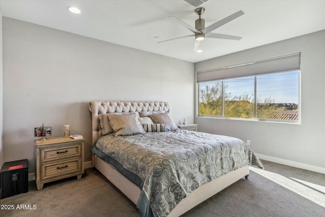 carpeted bedroom featuring ceiling fan