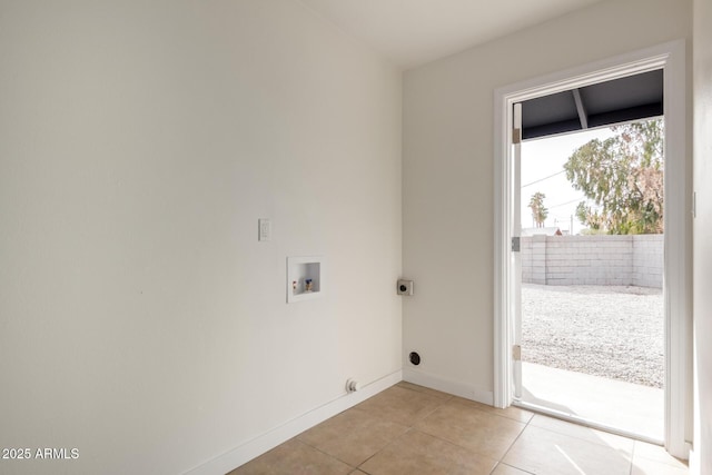 washroom featuring light tile patterned flooring, hookup for a washing machine, hookup for an electric dryer, laundry area, and baseboards