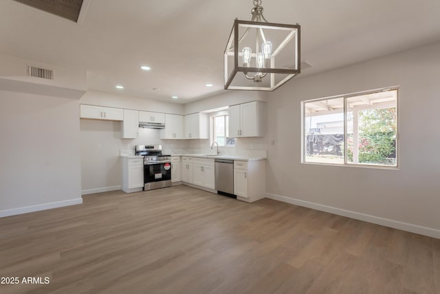 1310 E Ironwood Dr, Buckeye, AZ 85326 - kitchen with appliances with stainless steel finishes, a sink, under cabinet range hood, baseboards, and light wood-type flooring