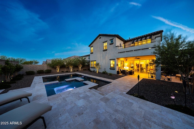 21194 W Hillcrest Blvd, Buckeye, AZ 85396 - view of pool featuring a patio area, ceiling fan, a fenced backyard, and a pool with connected hot tub
