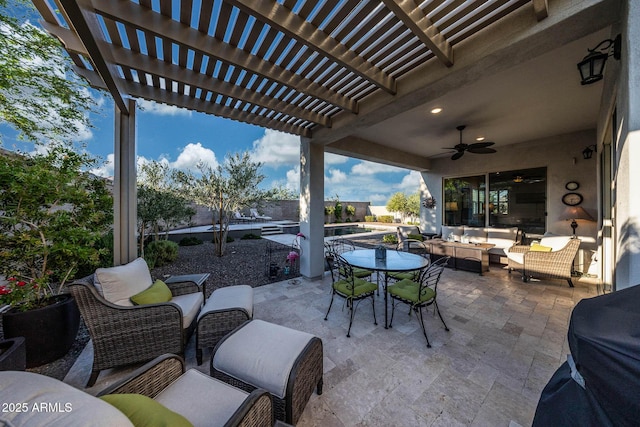 21194 W Hillcrest Blvd, Buckeye, AZ 85396 - view of patio / terrace with an outdoor living space, outdoor dining space, a pergola, area for grilling, and ceiling fan