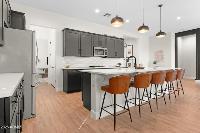 141 S 156th Dr, Goodyear, AZ 85338 - kitchen featuring light wood finished floors, backsplash, visible vents, and stainless steel appliances