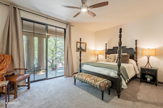 carpeted bedroom featuring ceiling fan and access to exterior