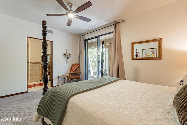 bedroom featuring carpet flooring, access to exterior, ensuite bathroom, and ceiling fan