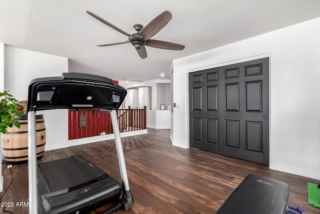 workout area with dark hardwood / wood-style floors and ceiling fan