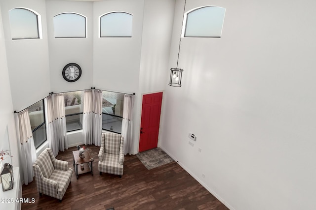 foyer entrance featuring a towering ceiling and dark hardwood / wood-style floors