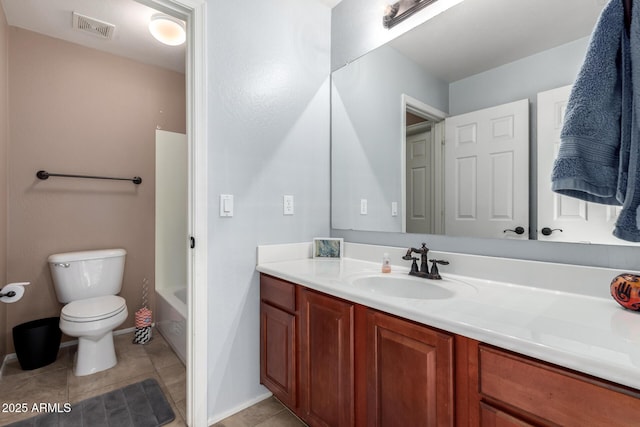 full bathroom with washtub / shower combination, tile patterned floors, vanity, and toilet