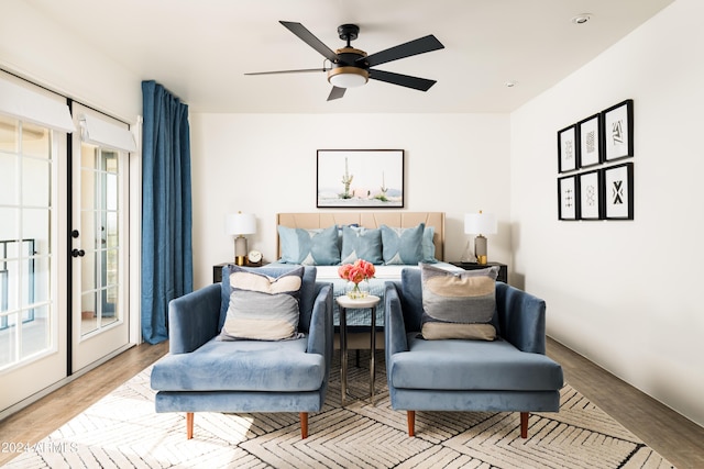 4636 E Moonlight Way, Paradise Valley, AZ 85253 - bedroom with access to exterior, wood finished floors, and ceiling fan