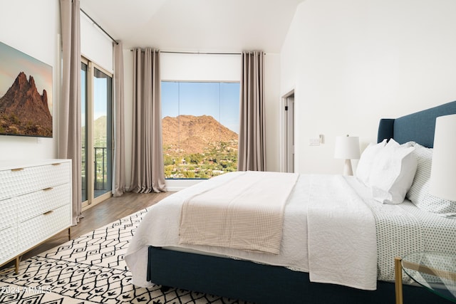 4636 E Moonlight Way, Paradise Valley, AZ 85253 - bedroom featuring wood finished floors, vaulted ceiling, access to exterior, and a mountain view