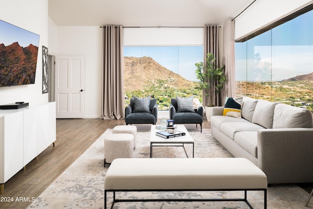 4636 E Moonlight Way, Paradise Valley, AZ 85253 - living area featuring a mountain view, wood finished floors, and plenty of natural light