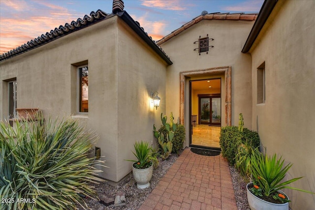 2744 S First Water Ln, Gold Canyon, AZ 85118 - doorway to property with a tile roof and stucco siding