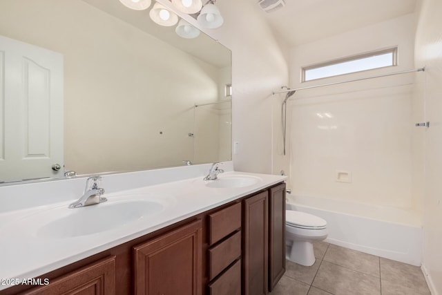 full bathroom featuring shower / bath combination, tile patterned floors, vanity, and toilet