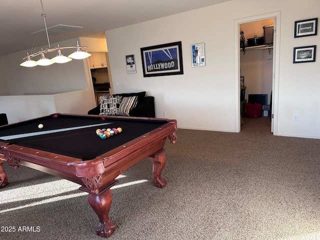 recreation room featuring carpet flooring and billiards