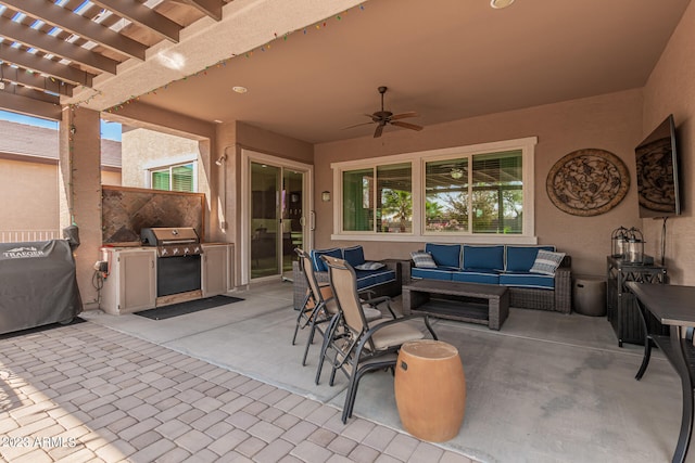 view of patio / terrace with an outdoor hangout area, a pergola, area for grilling, and ceiling fan