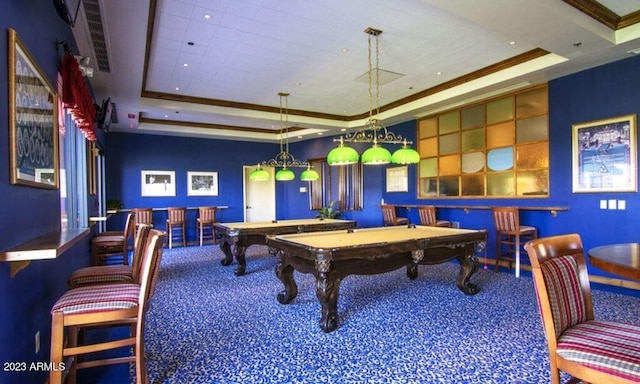 game room featuring crown molding, billiards, and a tray ceiling