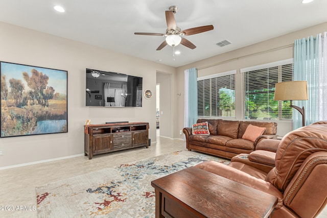 living room featuring ceiling fan