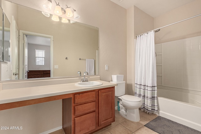 full bathroom with vanity, tile patterned flooring, toilet, and shower / bathtub combination with curtain