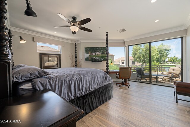 bedroom with light hardwood / wood-style flooring, ceiling fan, ornamental molding, and access to exterior