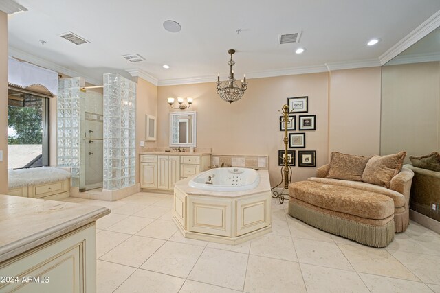 bathroom featuring vanity, tile patterned floors, and shower with separate bathtub