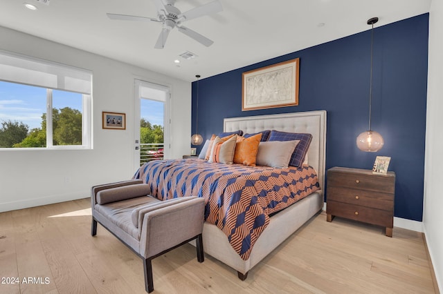 5151 N 13th Pl Unit 4, Phoenix, AZ 85014 - bedroom featuring access to exterior, baseboards, light wood finished floors, recessed lighting, and a ceiling fan