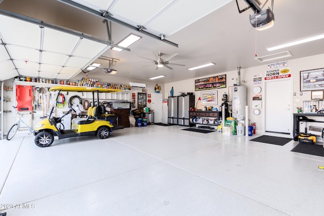 garage with ceiling fan, gas water heater, and a garage door opener