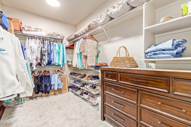 walk in closet featuring light carpet