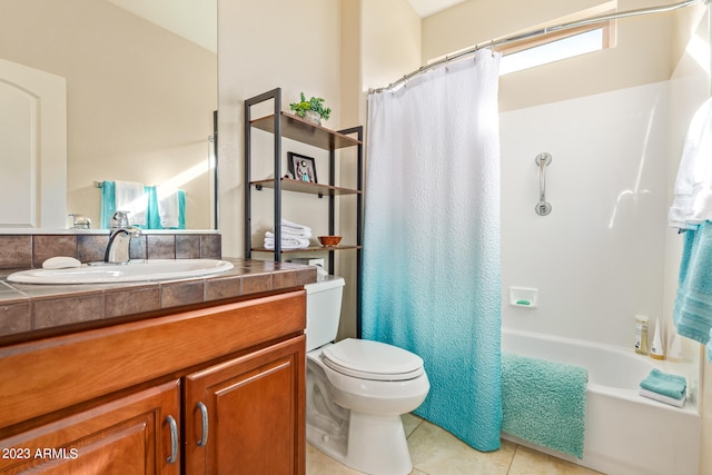 full bathroom featuring shower / bath combination with curtain, toilet, tile patterned flooring, and vanity