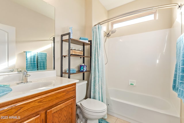 full bathroom featuring vanity, tile patterned flooring, toilet, and shower / bathtub combination with curtain