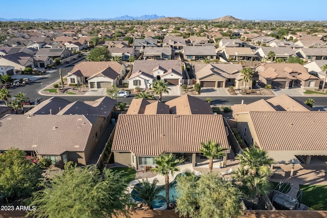 drone / aerial view featuring a mountain view