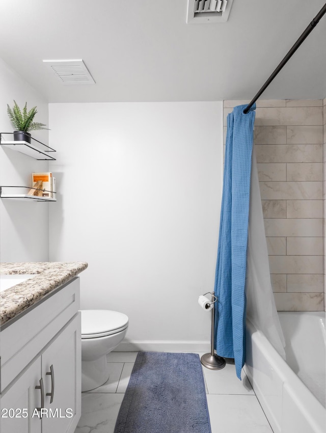 full bathroom with vanity, shower / bath combination with curtain, and toilet