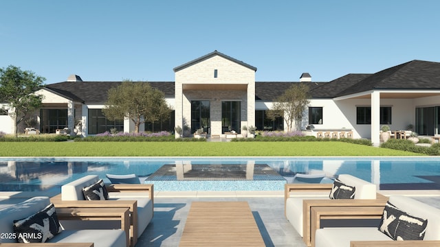 rear view of property featuring a patio, outdoor lounge area, and a yard