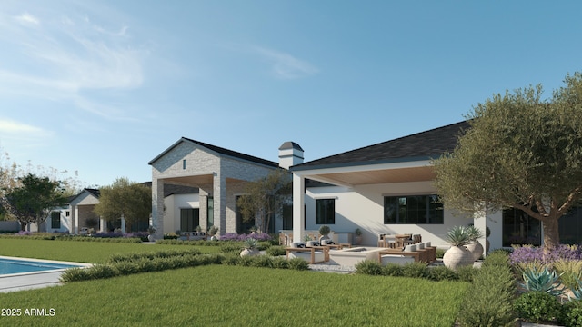 rear view of house featuring an outdoor fire pit, a yard, and a patio