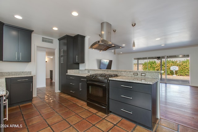 kitchen featuring pendant lighting, black range with electric stovetop, island range hood, ornamental molding, and kitchen peninsula