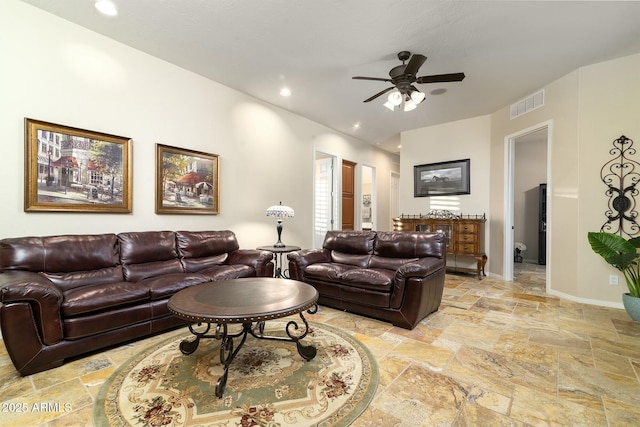 living room featuring ceiling fan