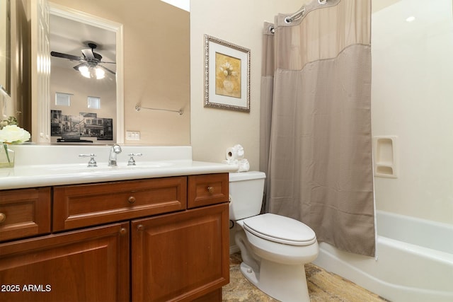 full bathroom with ceiling fan, shower / bath combo with shower curtain, vanity, and toilet