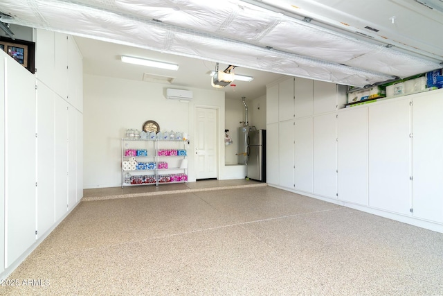 garage with a garage door opener, stainless steel refrigerator, and a wall mounted air conditioner