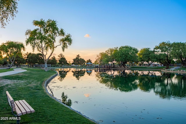 view of home's community with a water view and a lawn