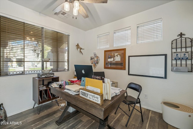 office featuring ceiling fan and dark wood-type flooring