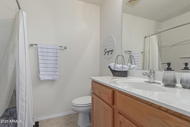 full bath featuring baseboards, visible vents, toilet, tile patterned floors, and vanity