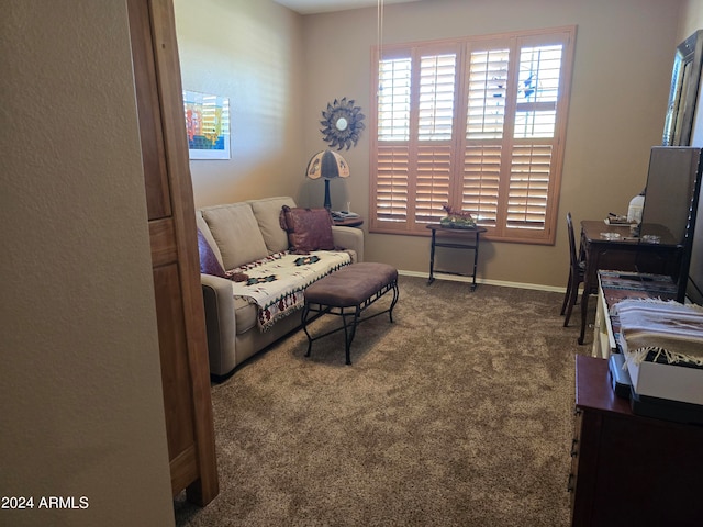 bedroom featuring dark colored carpet