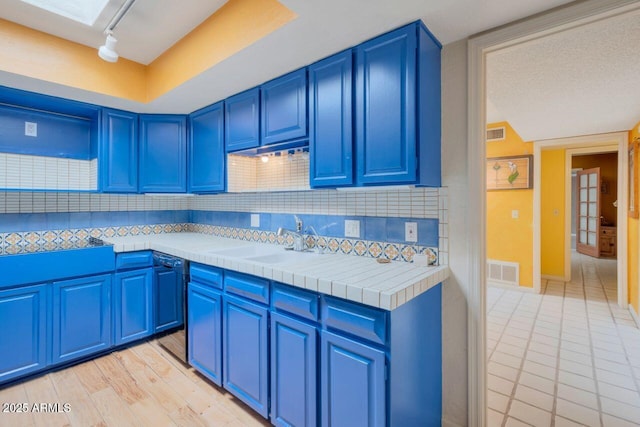 kitchen with backsplash and blue cabinets