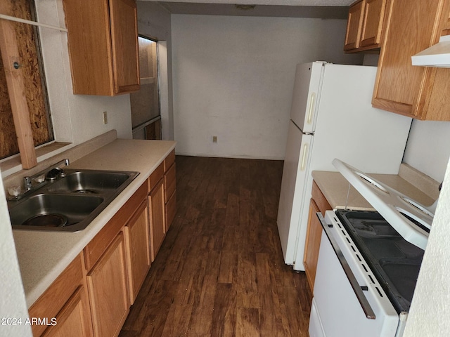 kitchen featuring white appliances, dark hardwood / wood-style floors, sink, and exhaust hood