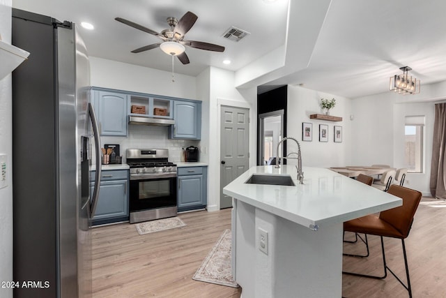 kitchen featuring ceiling fan with notable chandelier, sink, blue cabinetry, appliances with stainless steel finishes, and a kitchen bar